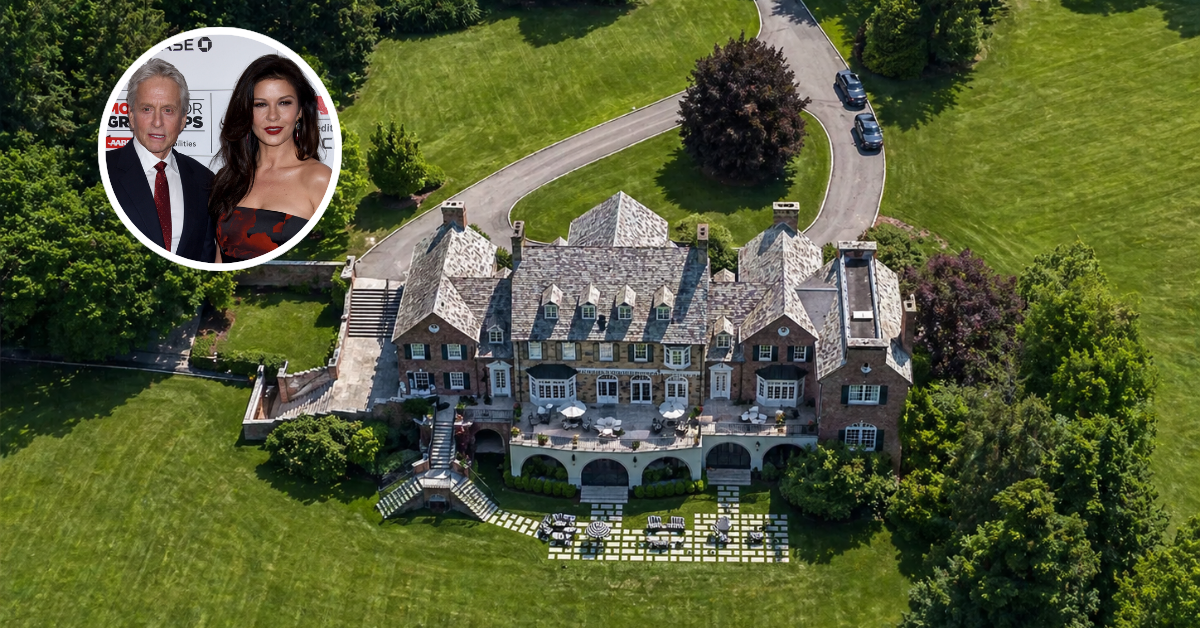 An aerial view of Catherine Zeta-Jones and Michael Douglas's mansion in Irvington, New York.