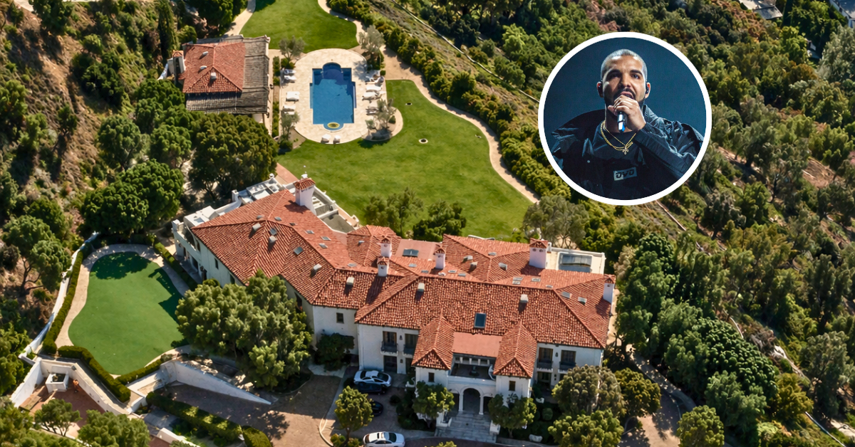 An aerial view of Drake's Beverly Hills mansion purchased in 2022.