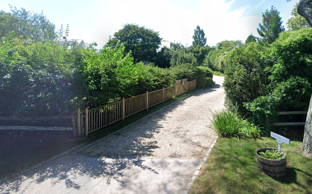 Driveway entrance to Drew Barrymore's now former Hamptons mansion.