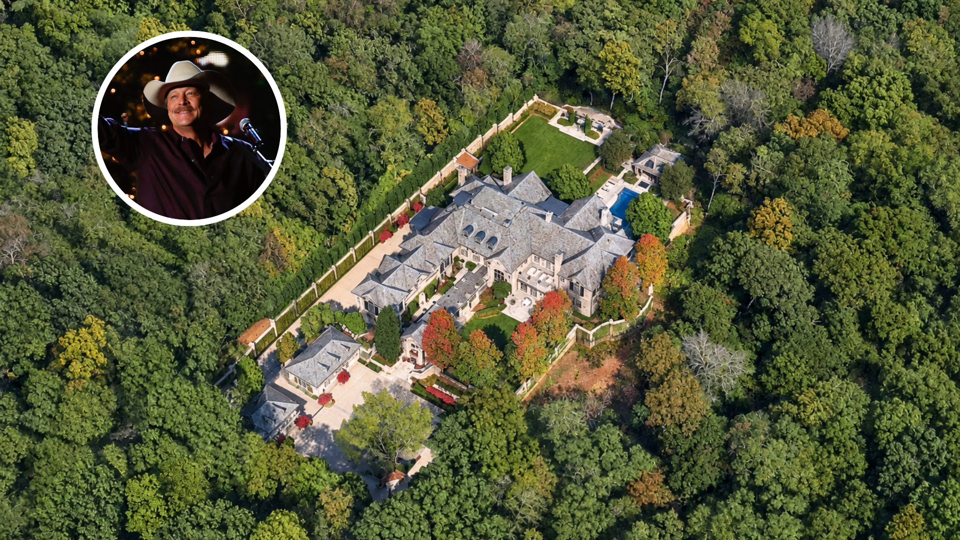 An aerial view of Alan Jackson's Franklin, TN mansion which he sold in 2021 for $19 million