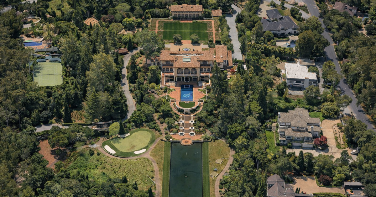 An aerial view of the Lake Como-inspired estate in Hillsborough, CA.