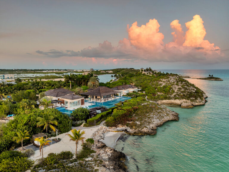 Aerial view of Turtle Tail Estate at sunset.