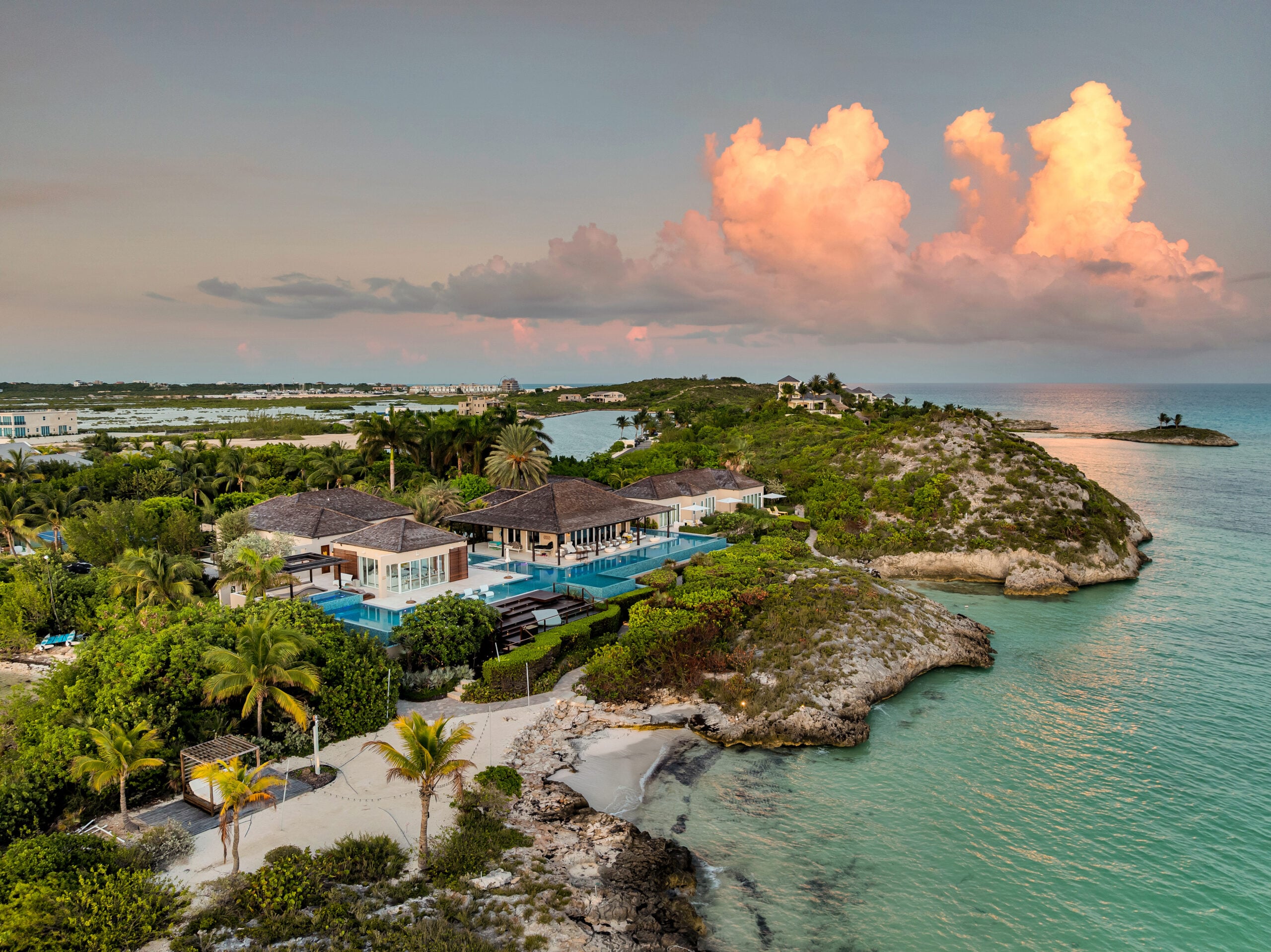 Aerial view of Turtle Tail Estate at sunset.