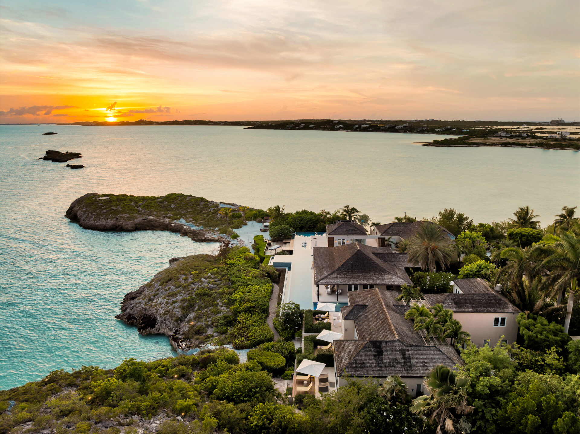 Aerial view of Turtle Tail Estate at sunset.
