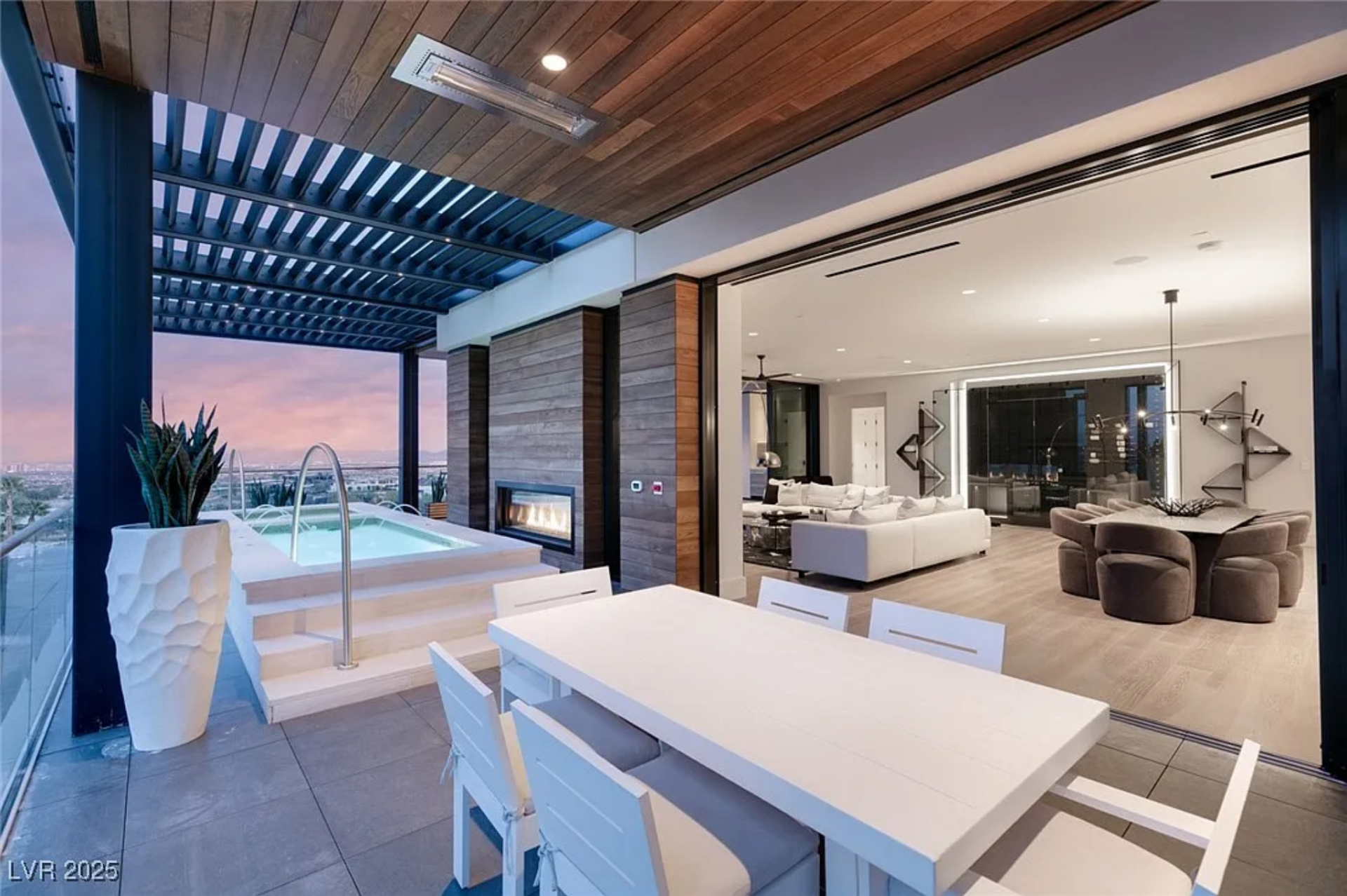 Covered terrace off the open living room with a lap pool and outdoor dining table.