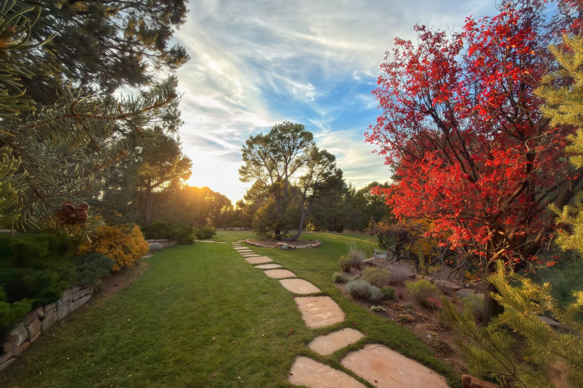 A stone walkway moving gently through a lawn surrounded by native plants and trees.