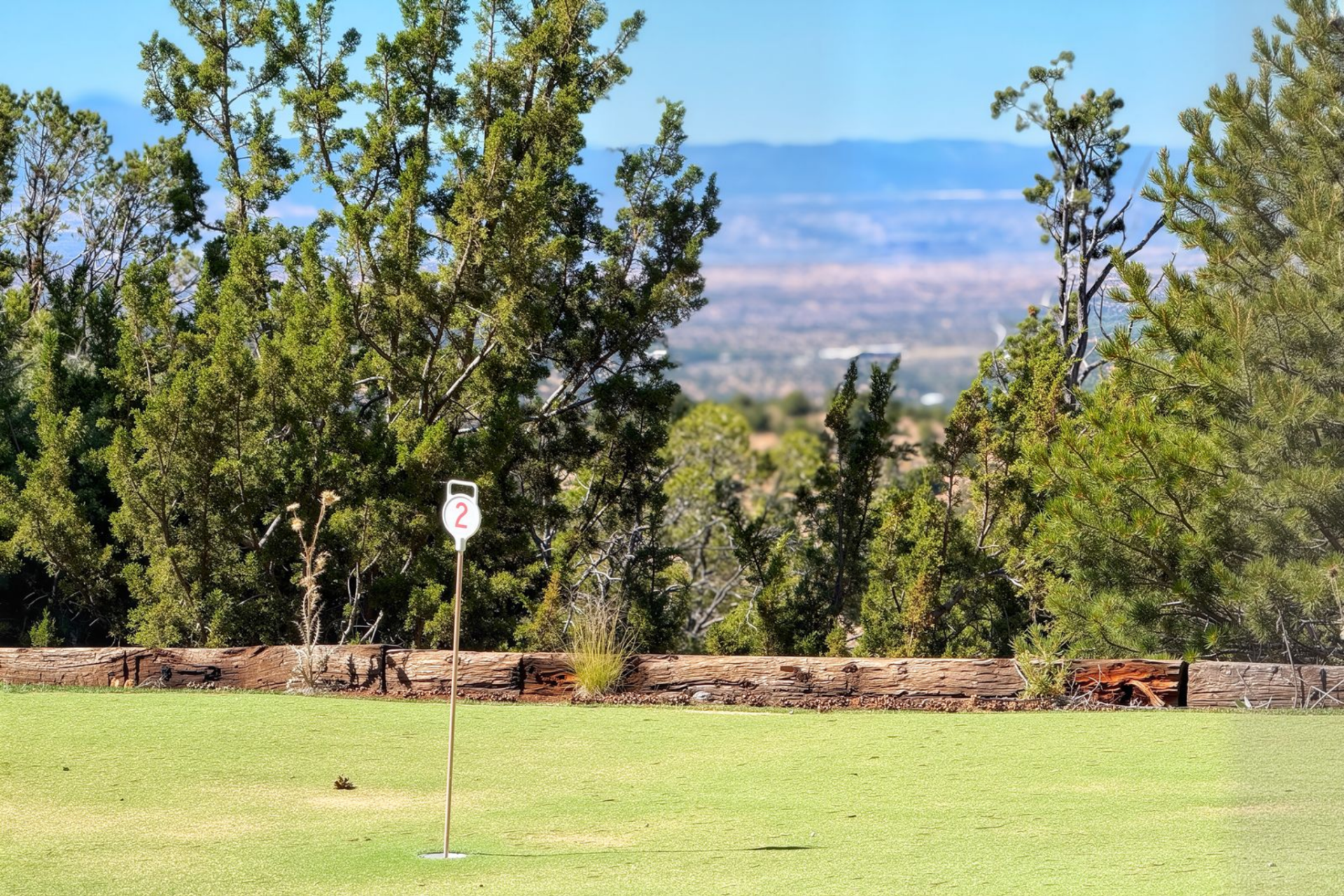 Private putting green positioned to take in distant mountain views at the edge of the property.