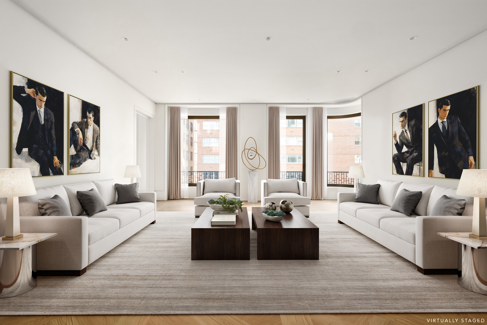 Living room sits beneath 10-foot ceilings, atop custom Parquet de Versailles white oak flooring.