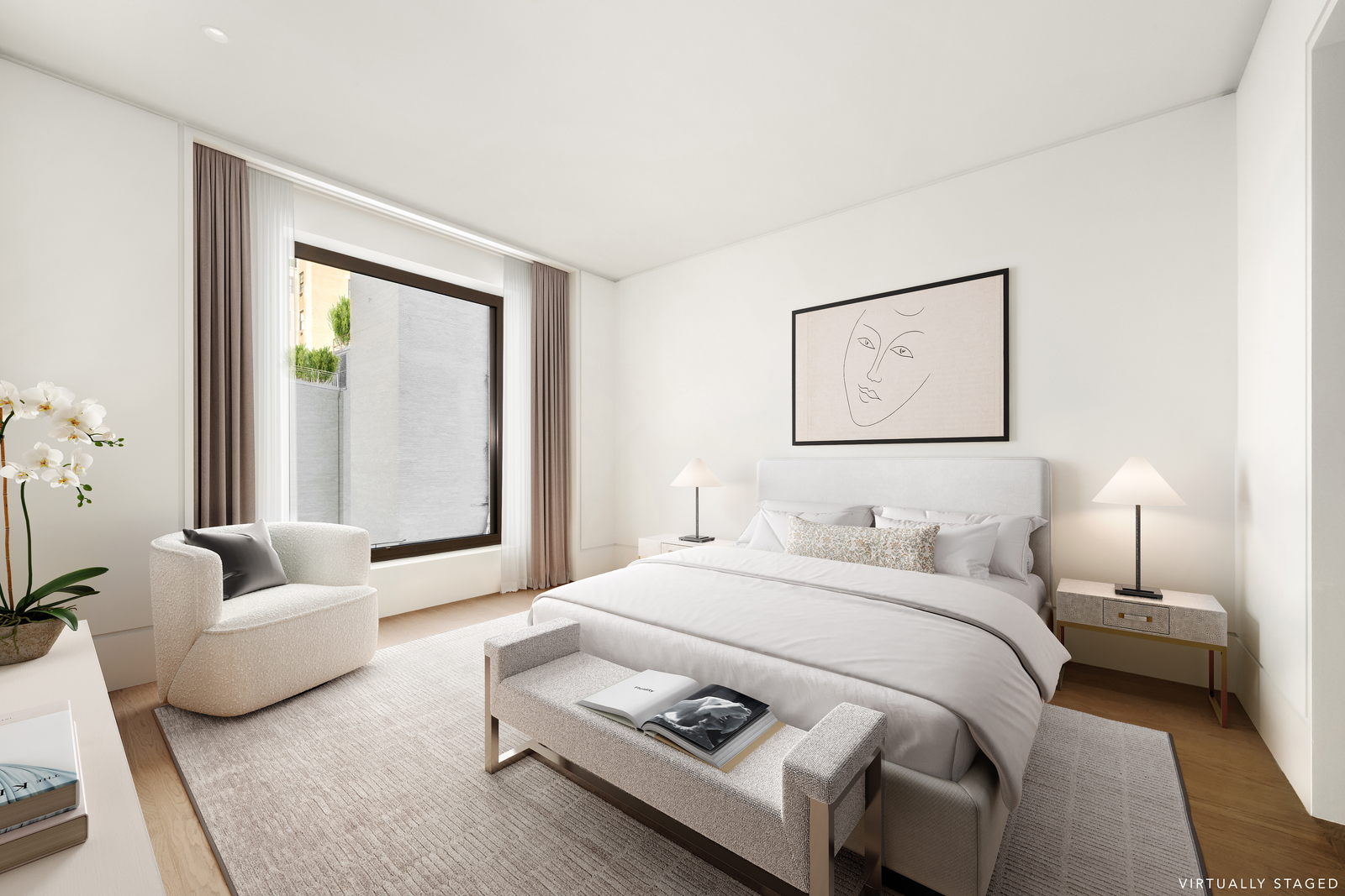 One of the two bedrooms is filled with soft neutral tones, clean-lined furniture, and layered textures that give the room a quiet, hotel-like feel while still feeling homey. 