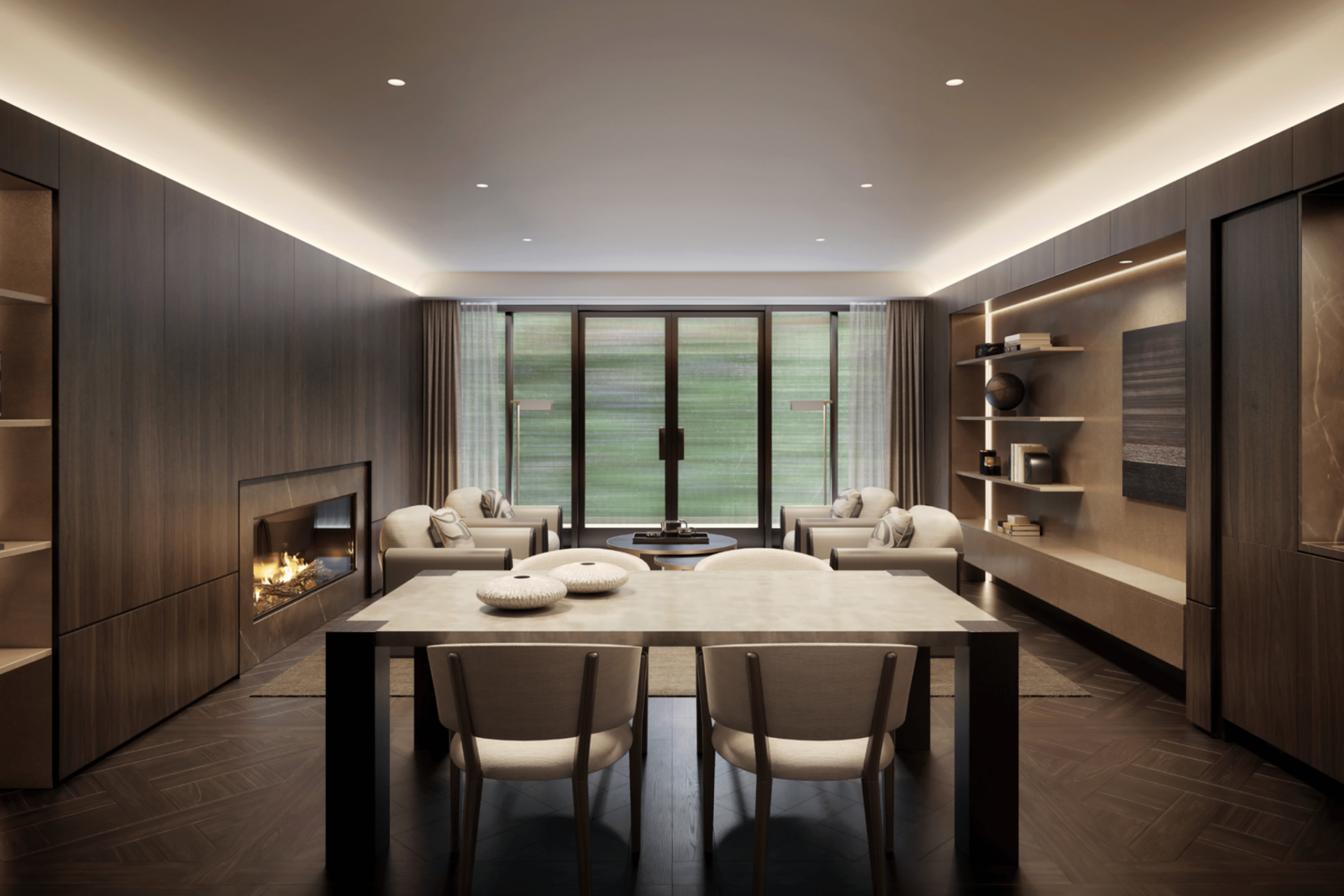 Lounge is furnished with custom Armani Casa pieces and arranged like an elegant living room, complete with a fireplace and intimate seating areas, all opening directly onto a landscaped terrace.