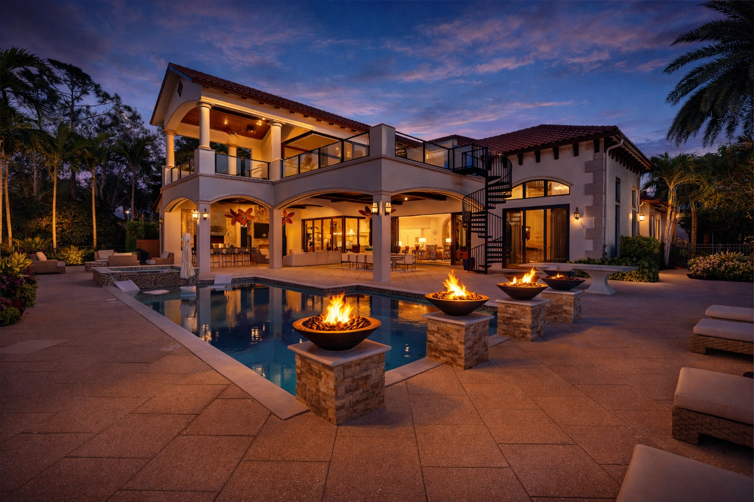 The pool’s clean lines are elevated by raised fire bowls that flicker at the water’s edge, while a sun shelf with in-water loungers creates a shallow perch overlooking the golf course.