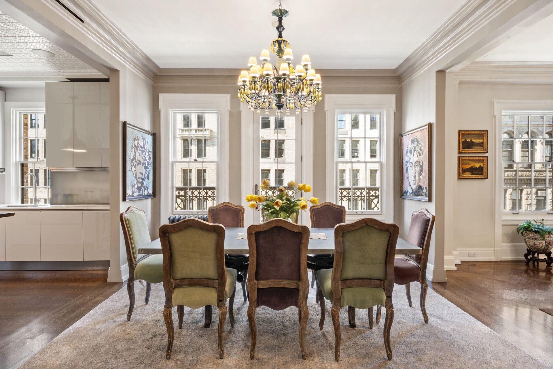 French doors open directly onto a private terrace overlooking Gramercy Park.