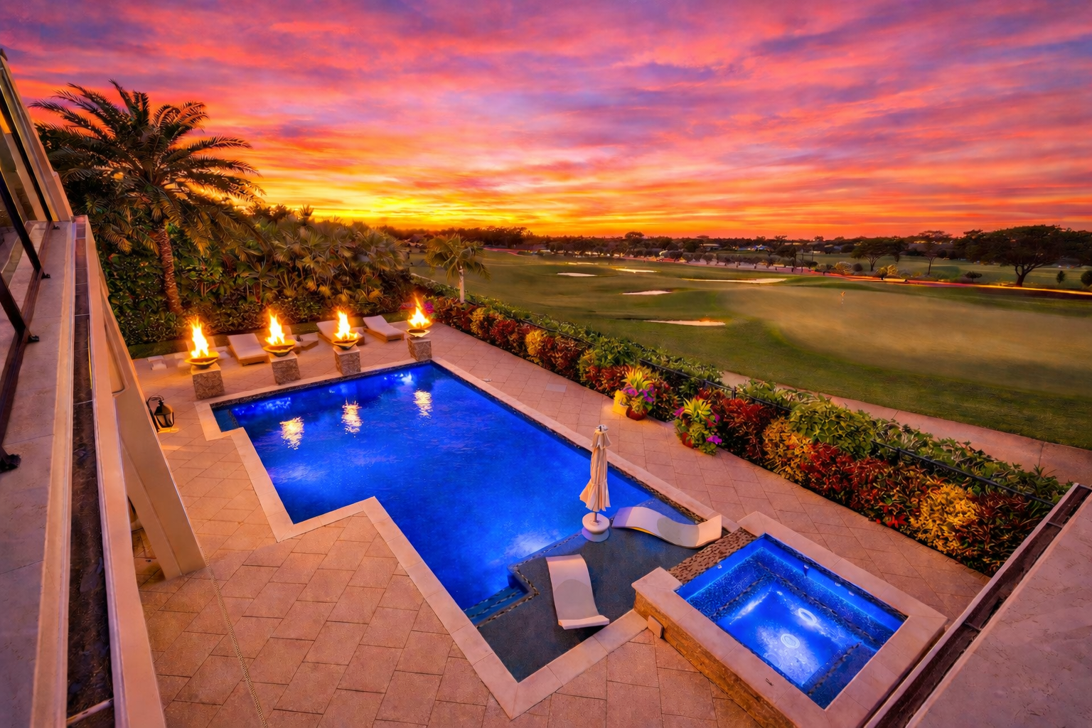 At the edge of the green, the backyard is centered around a custom pool and spa that sits just beyond the covered loggia.