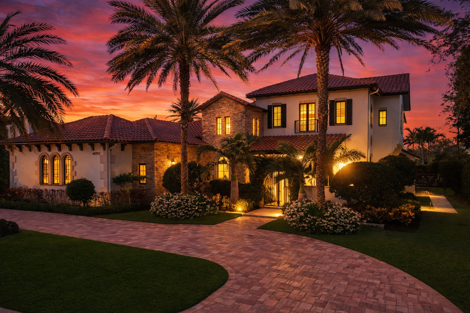 A curved brick driveway guides you toward the warmly lit exterior, where stucco walls, stone accents, and a red tile roof glow against the streaked pink and orange sky.