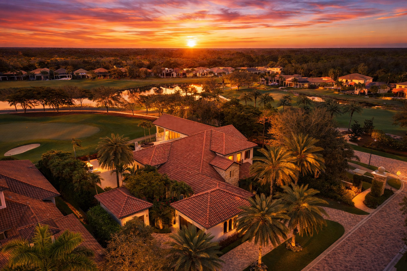 Fuzzy Zoeller's Former Florida Estate at sunset.