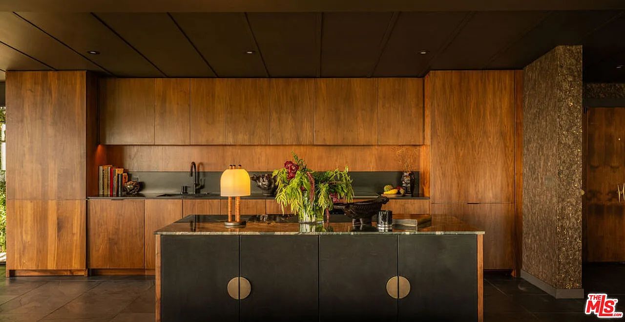 The kitchen occupies the opposite side of the open living space, lined with flat-front custom walnut cabinetry, dark countertops, and a low-profile backsplash that maintains a clean horizontal line.