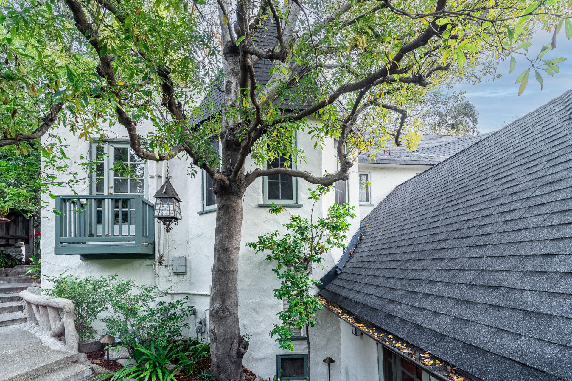 Tall tree next to a small bridge and in between the home's cottage-like architecture.