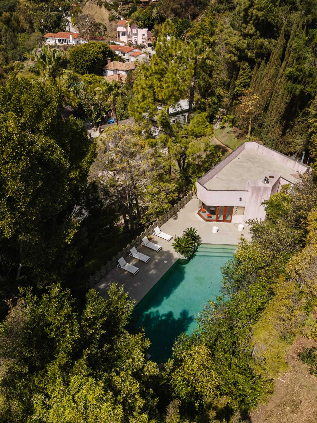 Aerial shot of the pool house at David Lynch's estate.