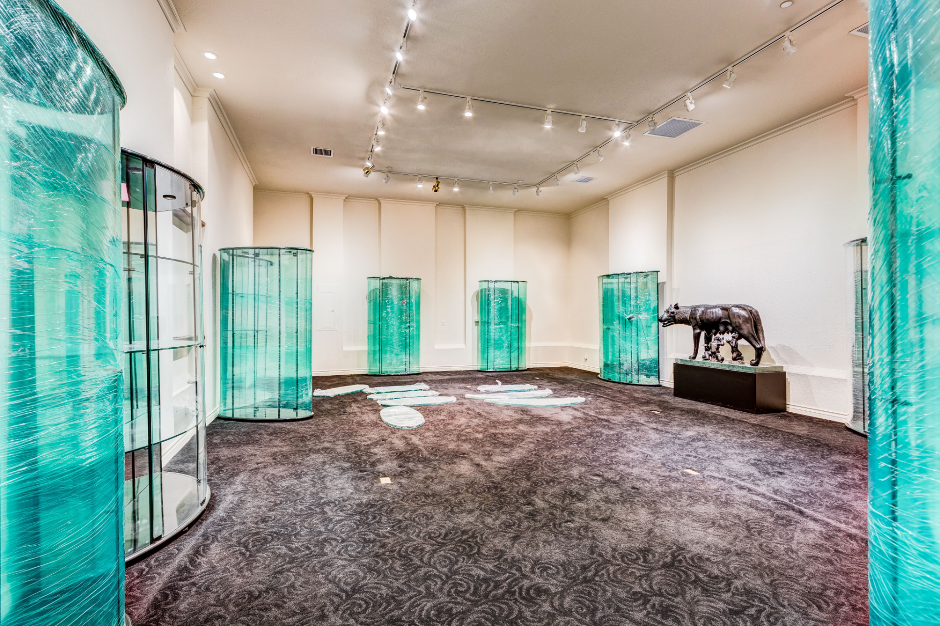 The gallery-like space is arranged with track lighting and multiple cylindrical glass display cases placed throughout the room, allowing pieces to be viewed from every angle.