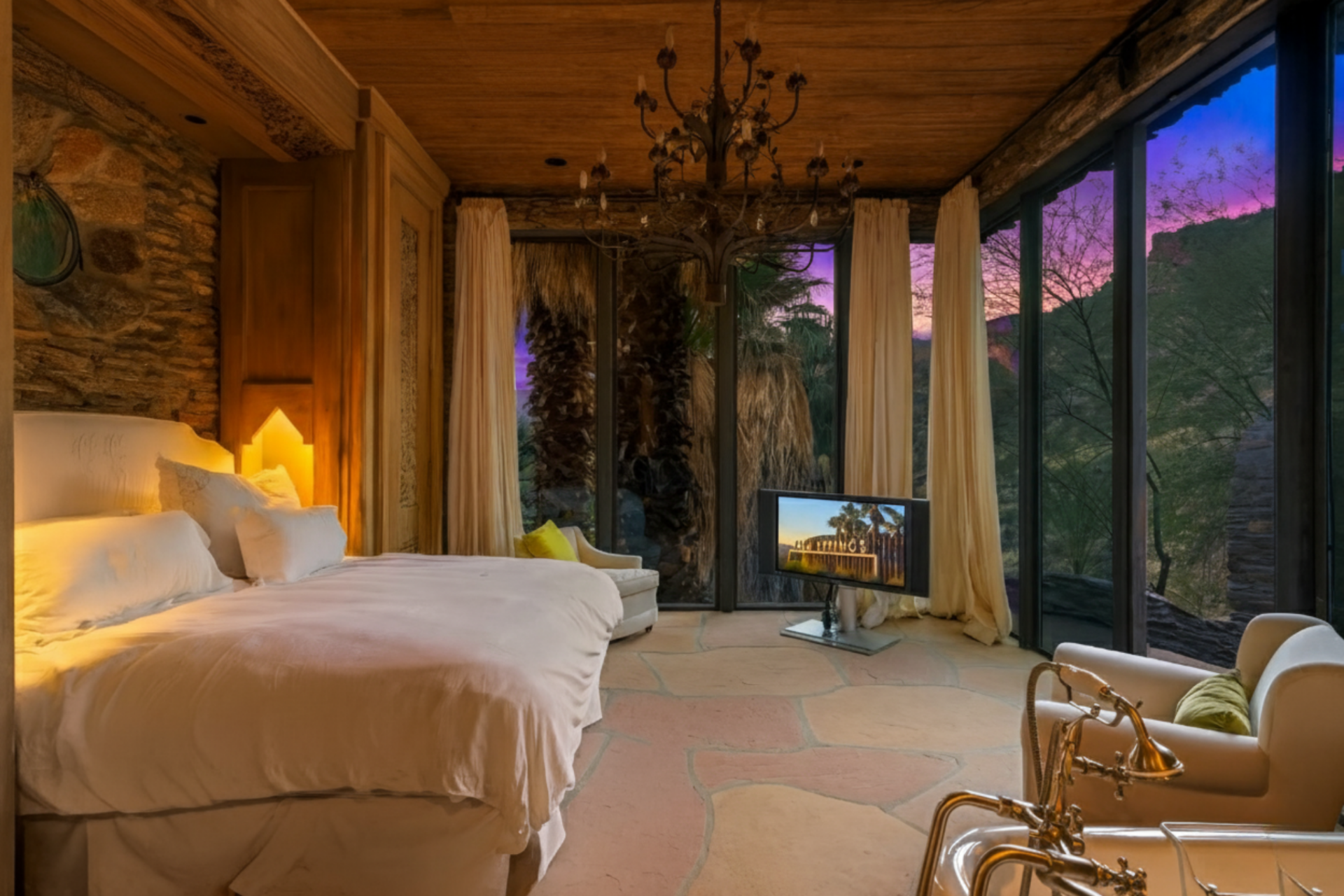 The bedroom opens toward the view, while the compact layout keeps the focus on the connection between the interior and the rock formations just outside.