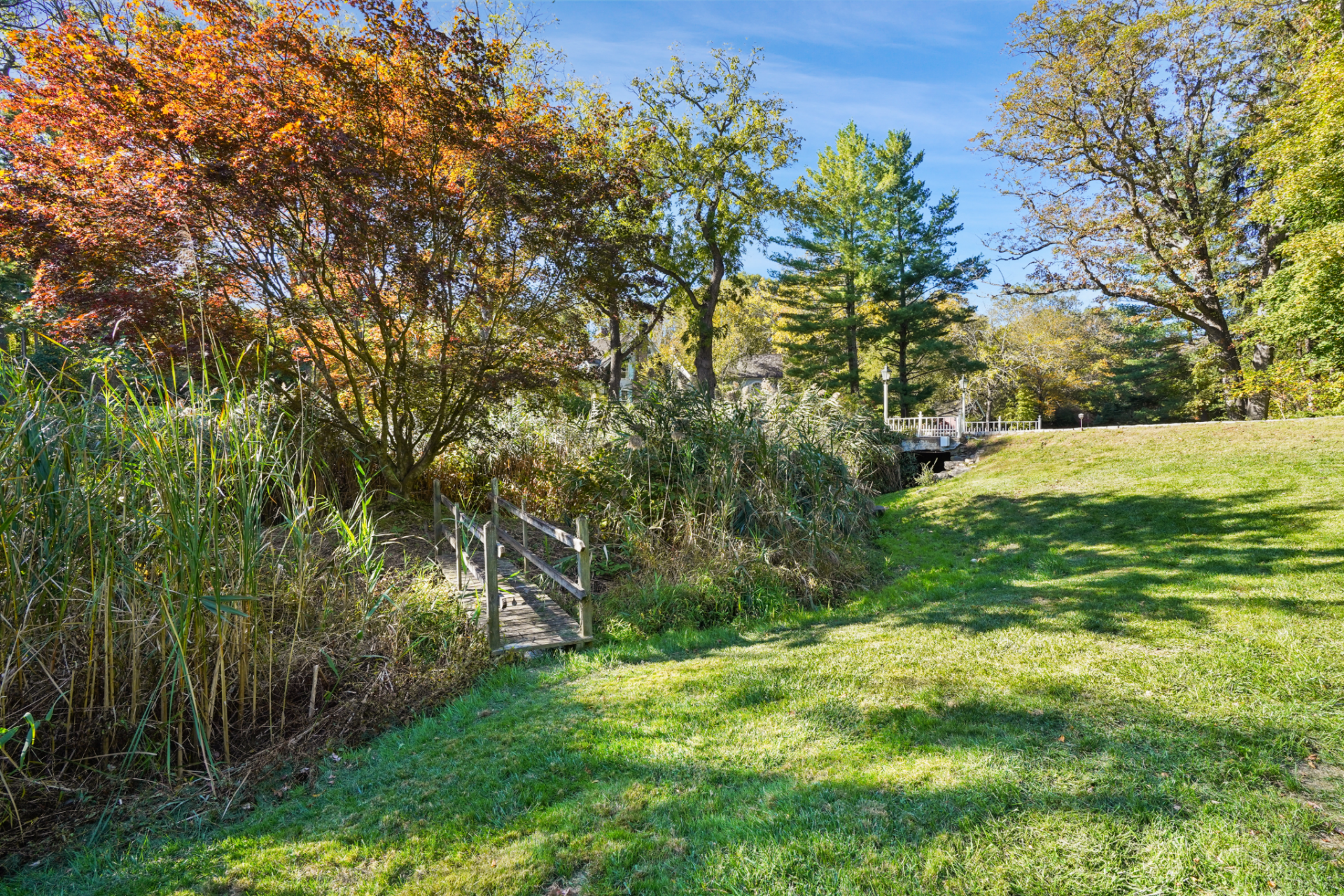 With small footbridges crossing through a reed-lined section of the grounds, the tree canopy thickens toward the edges, giving the property a mix of maintained lawn and gardens.