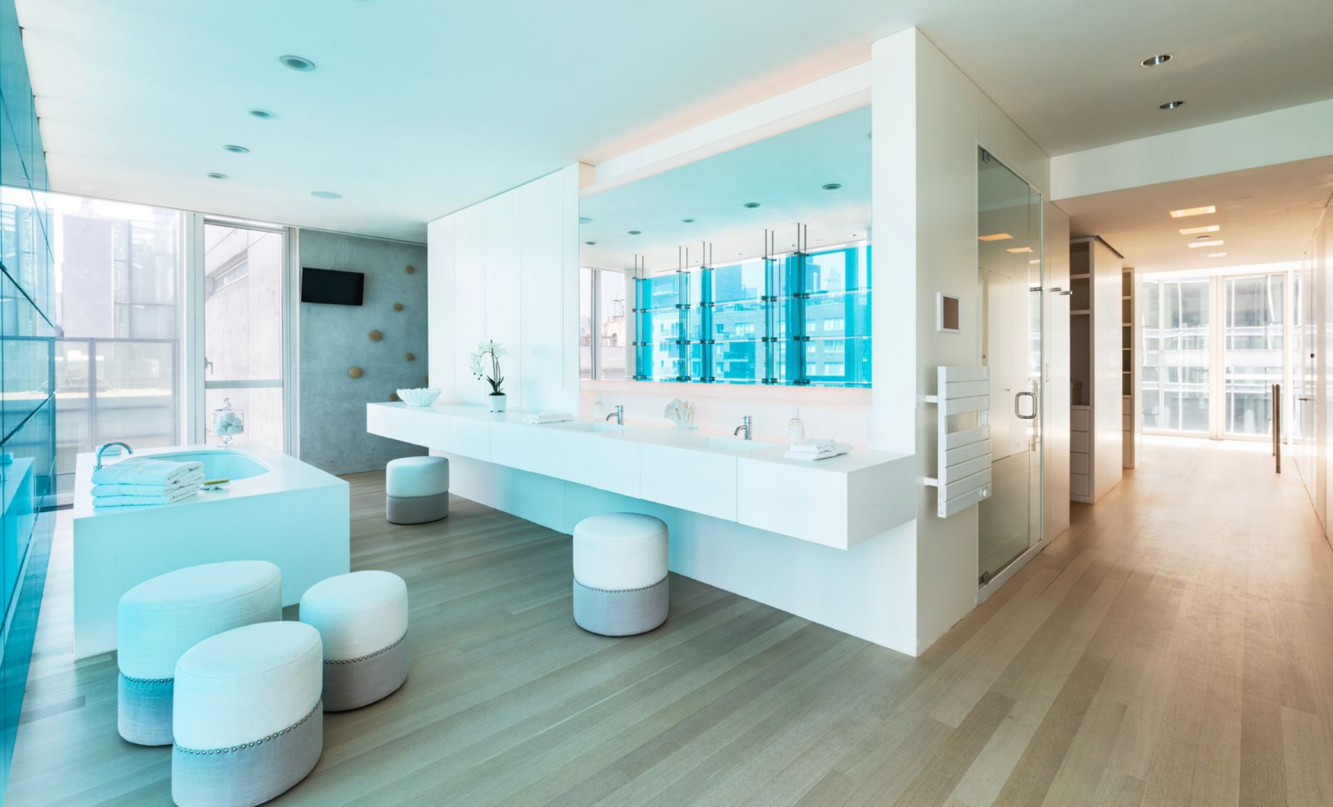 A freestanding soaking tub sits near the windows, placed to face outward toward the city, while a glass-enclosed shower is positioned just off to the side. 