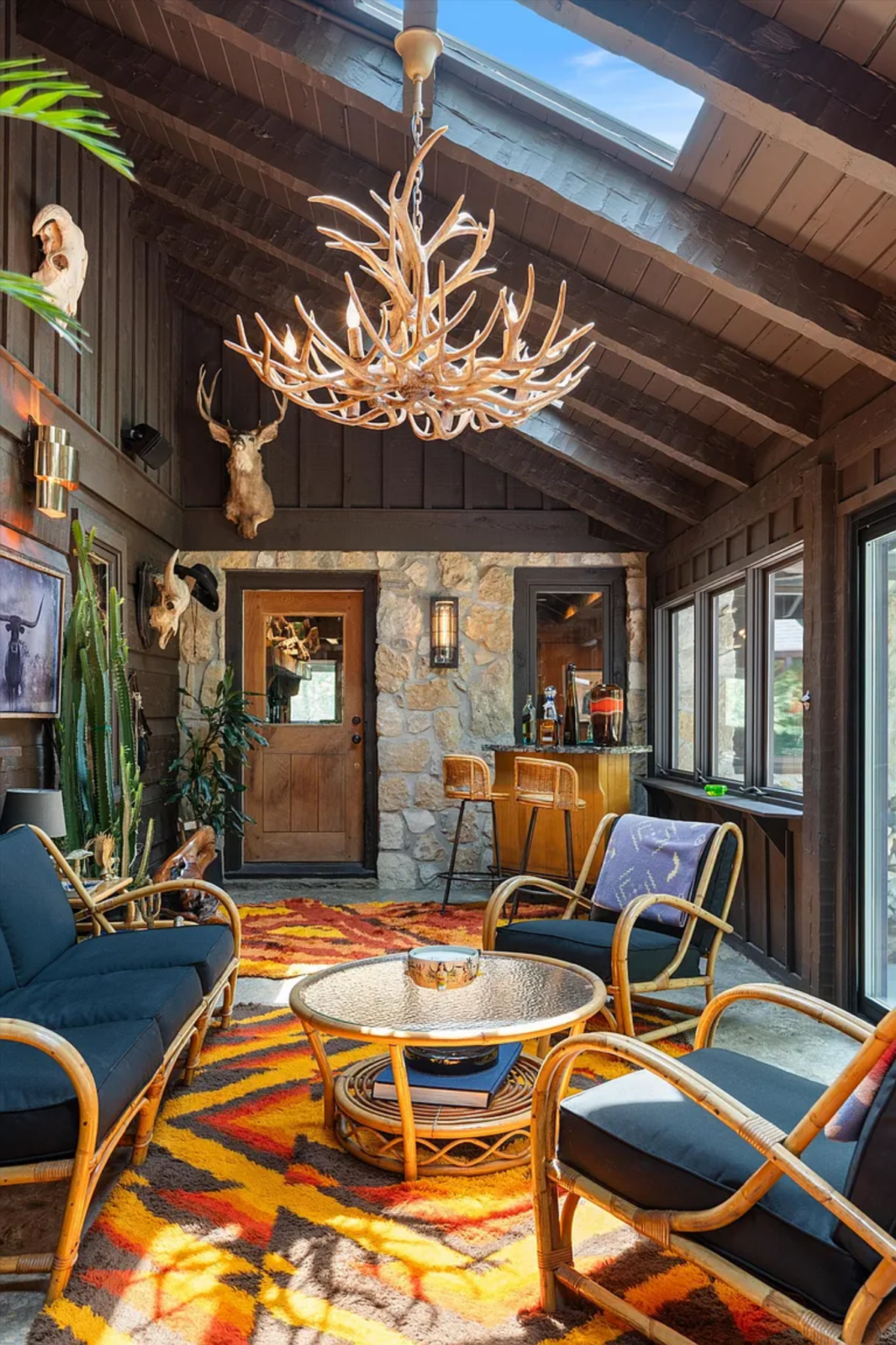 At the far end, the materials shift again where a stone wall anchors the back of the porch, incorporating the entry door and a compact bar setup tucked into the corner.