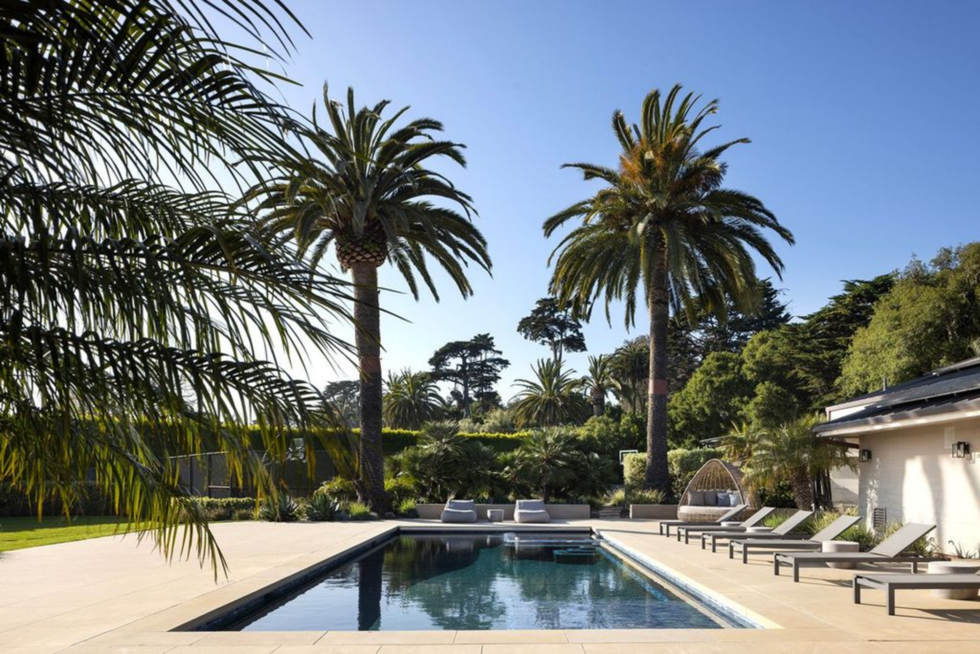 The pool sits on a broad terrace framed by palm trees and low landscaping, with a rectangular design that keeps the layout clean. 