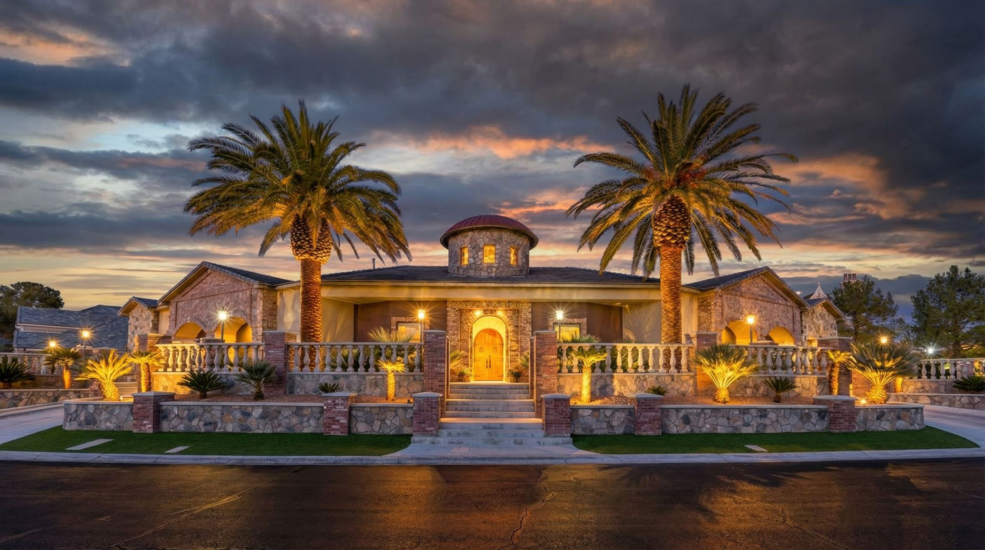 The estate continues with a guest residence that mirrors the scale and polish of the main house, offering its own full set of living spaces.