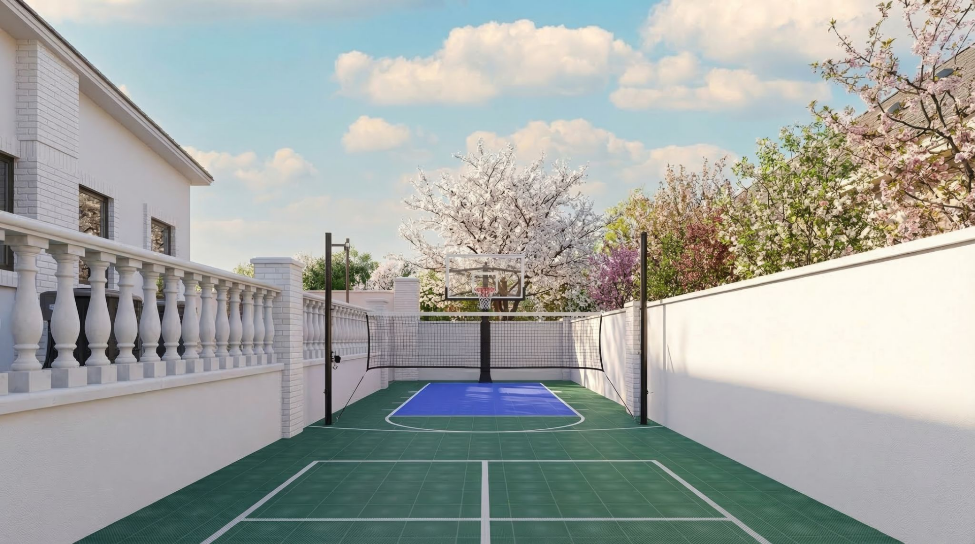 Lastly, the sports court provides a more casual recreational amenity, enclosed by white walls and fitted for half-court basketball, volleyball, and other games across the multi-use surface.