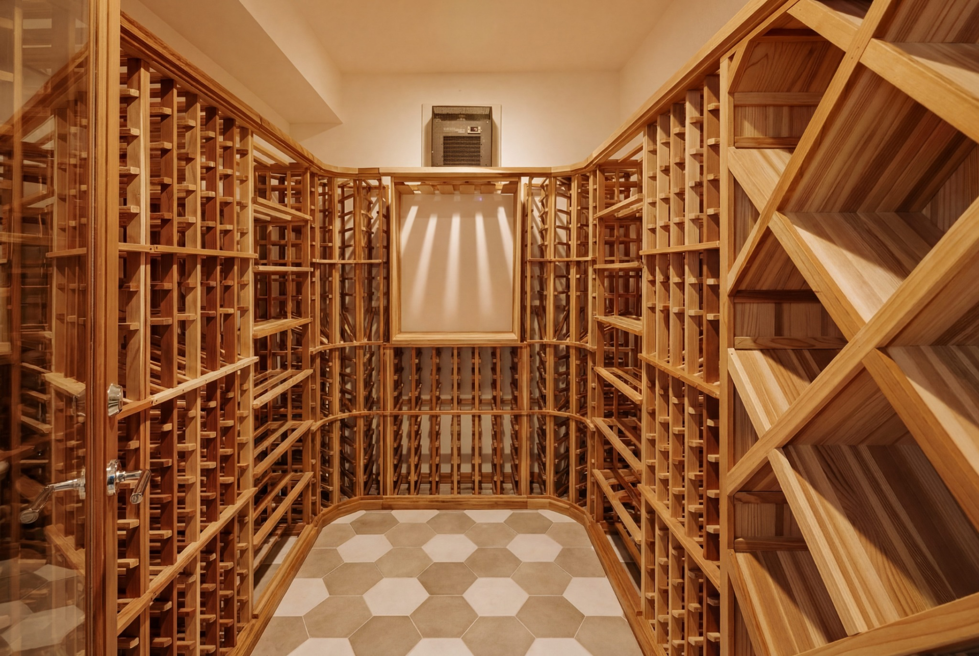 The wine room is lined with floor-to-ceiling wood racking on all sides, with a mix of individual bottle slots, angled display sections, and deeper horizontal storage built into the back wall.