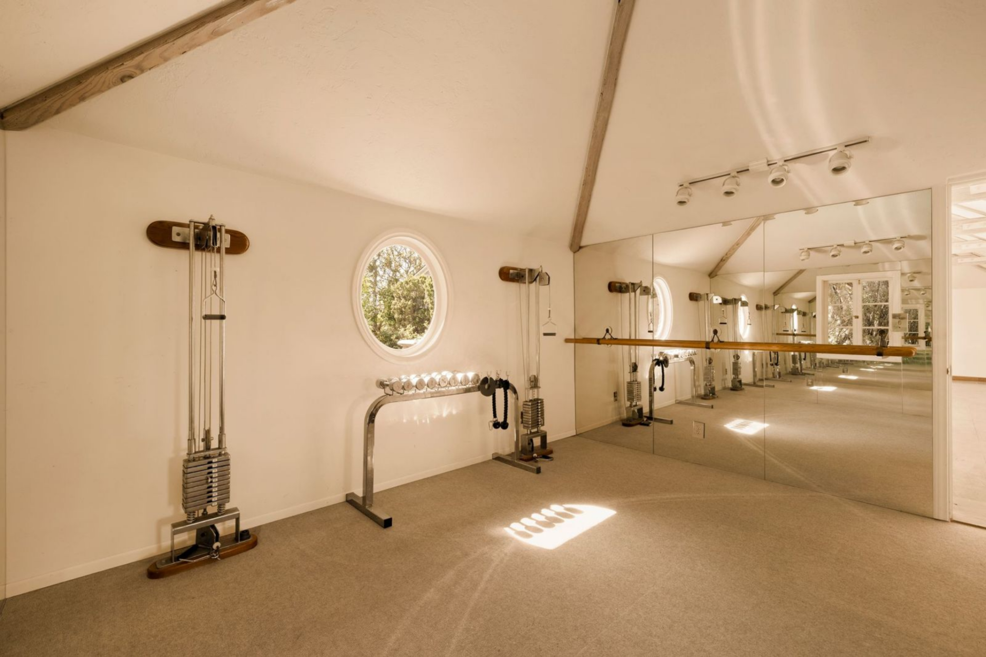 The gym features a wall of mirrors stretching across one side with a built-in ballet barre, while the rest of the room is filled with cable machines and free weights.
