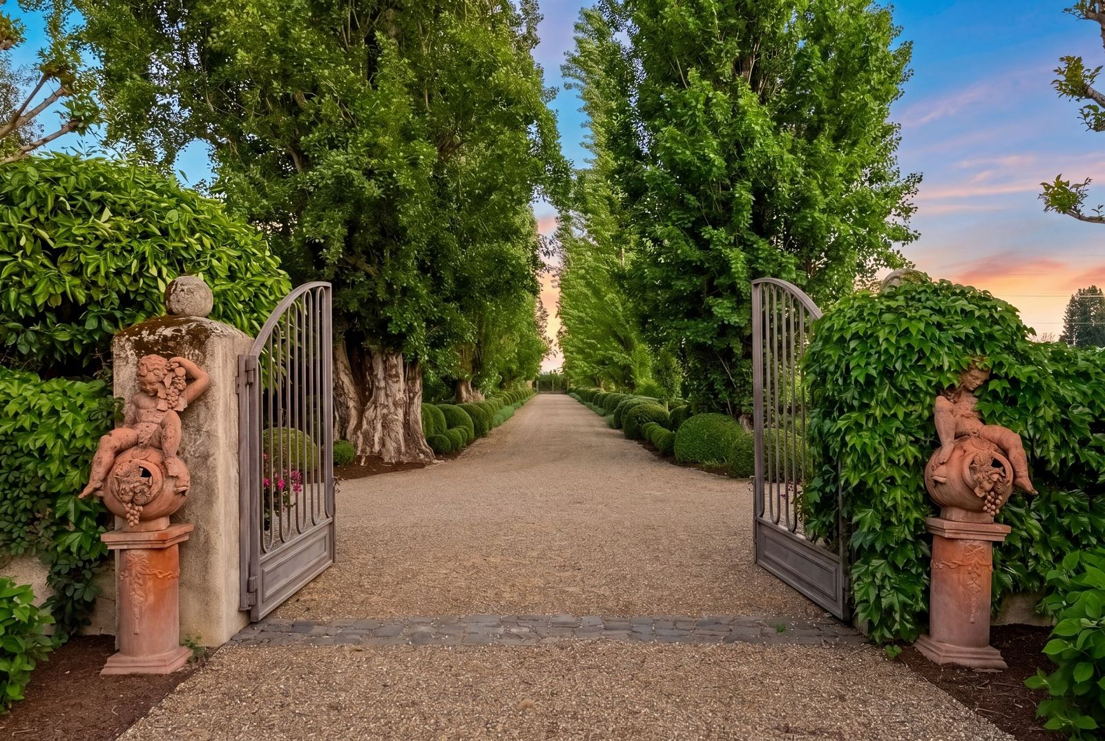 Gated entrance opens to a long driveway framed by tall trees and rounded shrubbery.