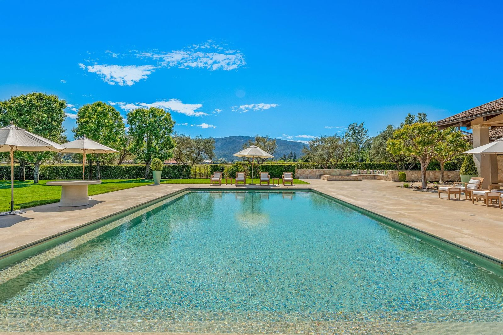The pool area sits at one corner of the property with a large rectangular swimming pool surrounded by expansive stone terraces, lounge seating, and manicured lawns.