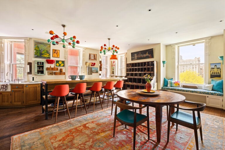 Colorful kitchen with red barstools.
