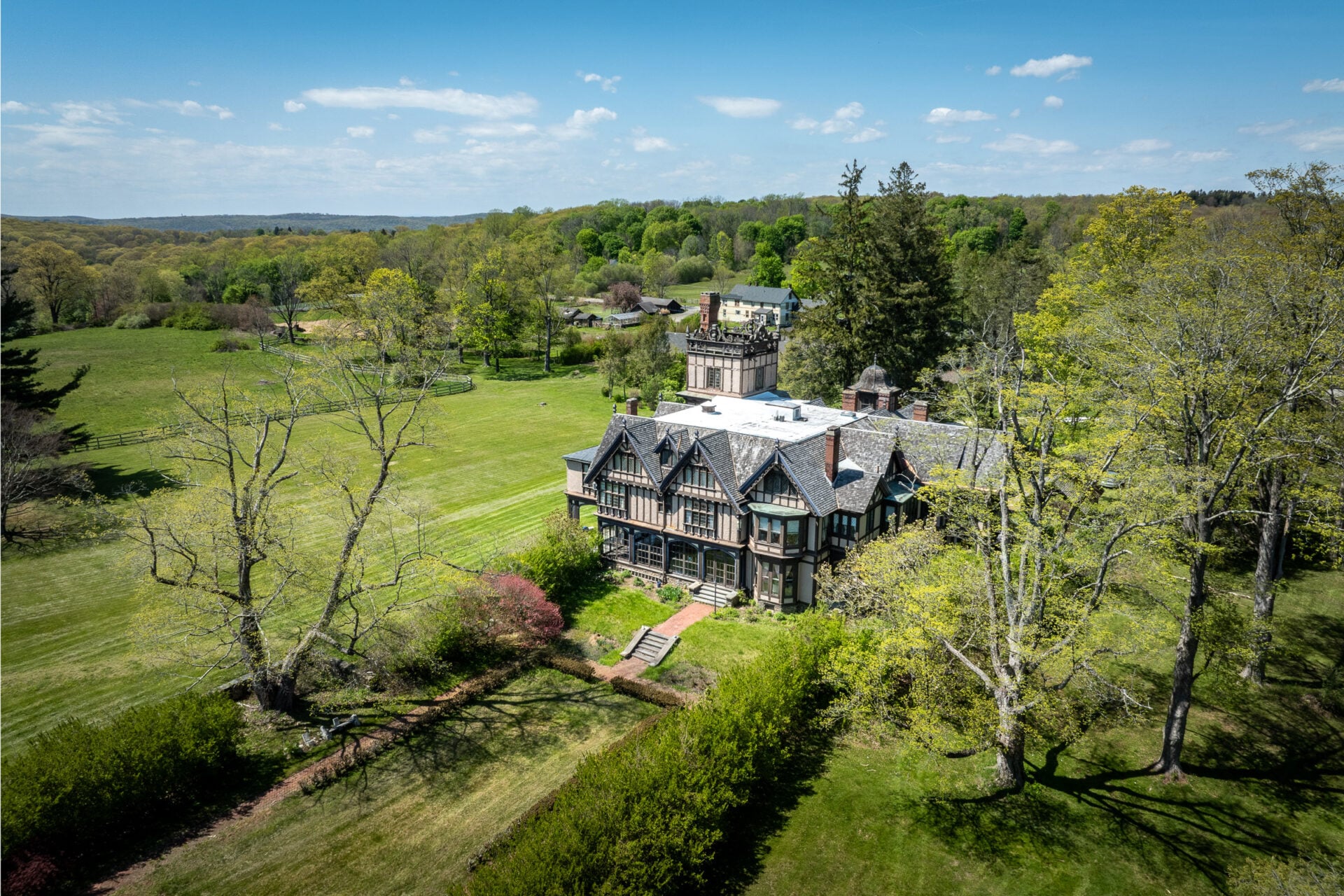 Aerial view of Sally Jessy Raphael's historic Hudson Valley estate.