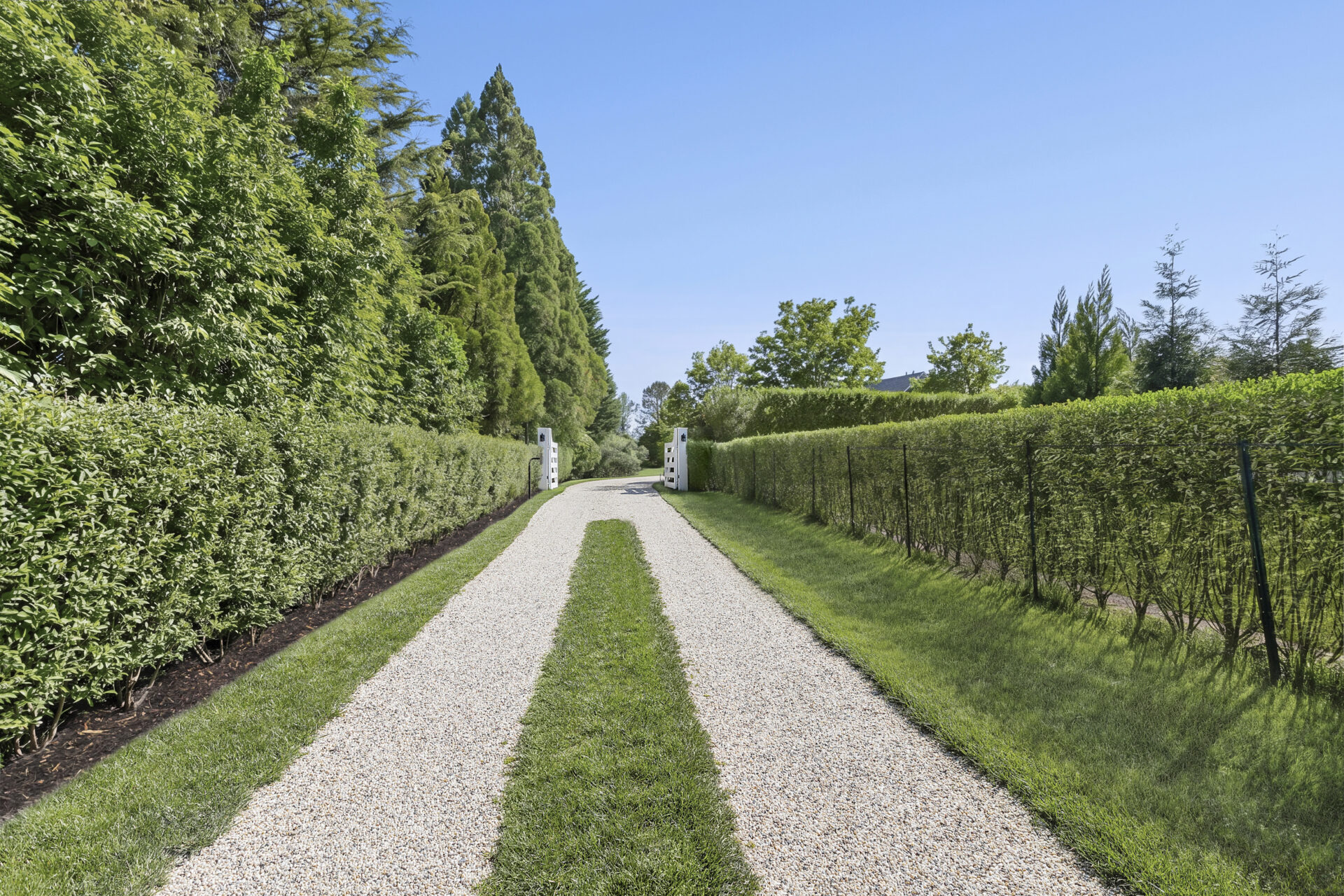 A long gated driveway framed by tall hedges.