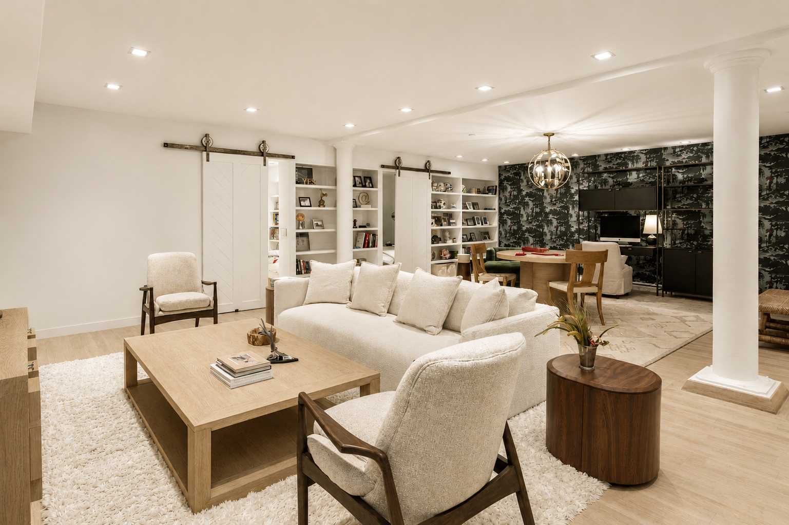 Positioned just outside the additional lower-level bedrooms, a large study and lounge create a second gathering space that supports the flexibility of the duplex's townhouse-like layout.