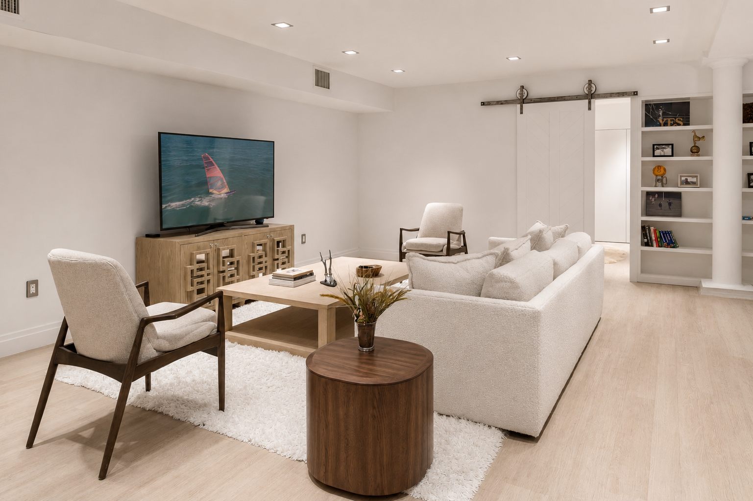 The lounge area is arranged around a television wall opposite the sofa, creating a dedicated media space, while the neutral palette and light wood flooring help the room feel bright and open despite being on the lower level.