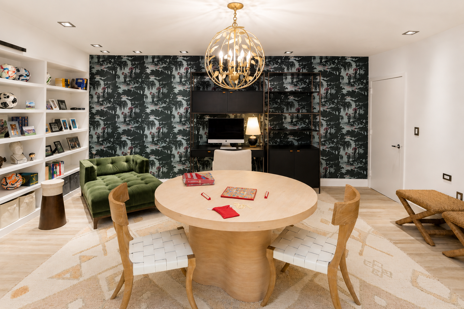 Floor-to-ceiling built-ins provide storage and display space on the left, while a custom desk setup is integrated into a dramatic wallpapered accent wall straight ahead.