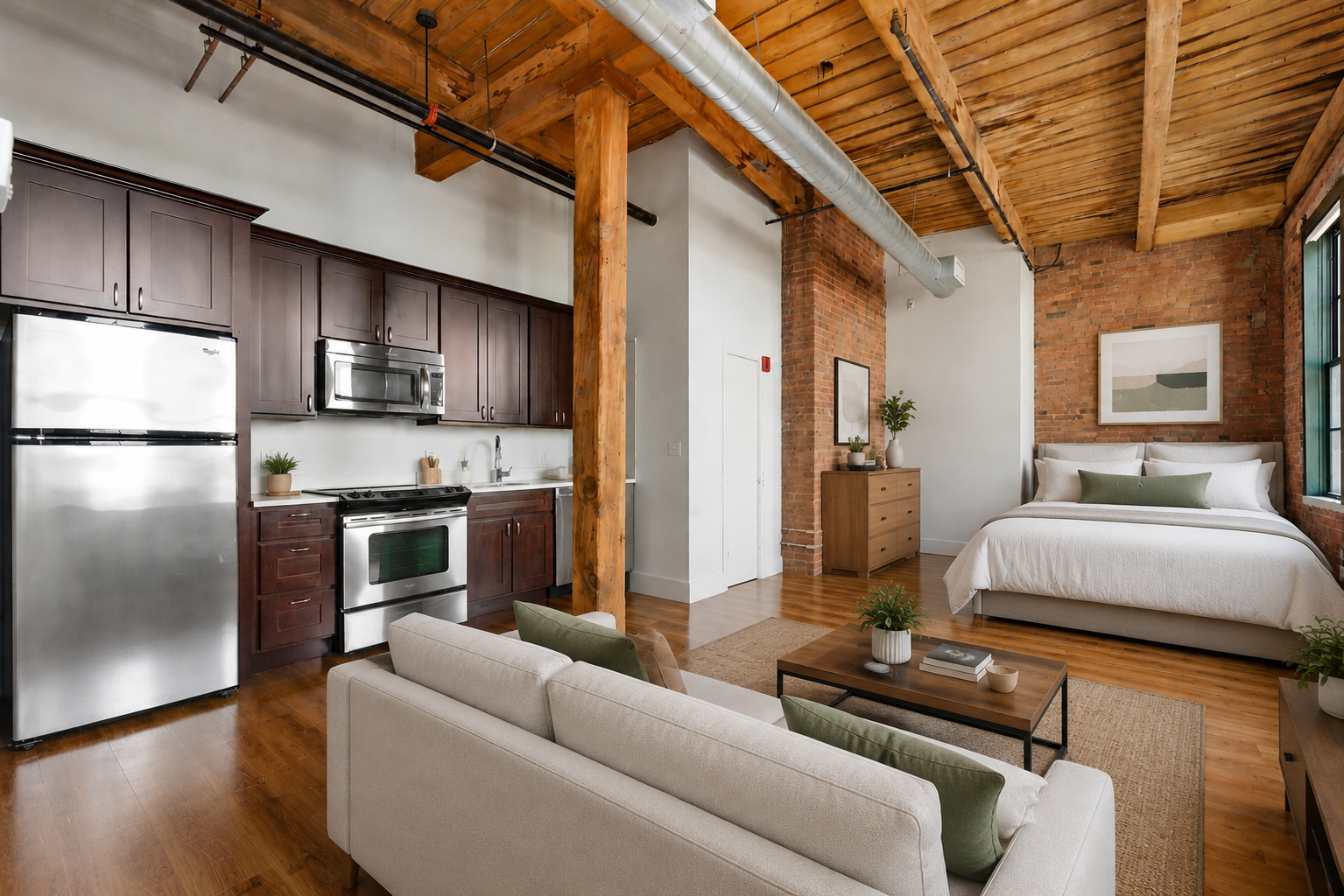 Off to one side, a compact kitchen lines the wall with dark cabinetry while a combined living and sleeping area are on the other side of the studio.
