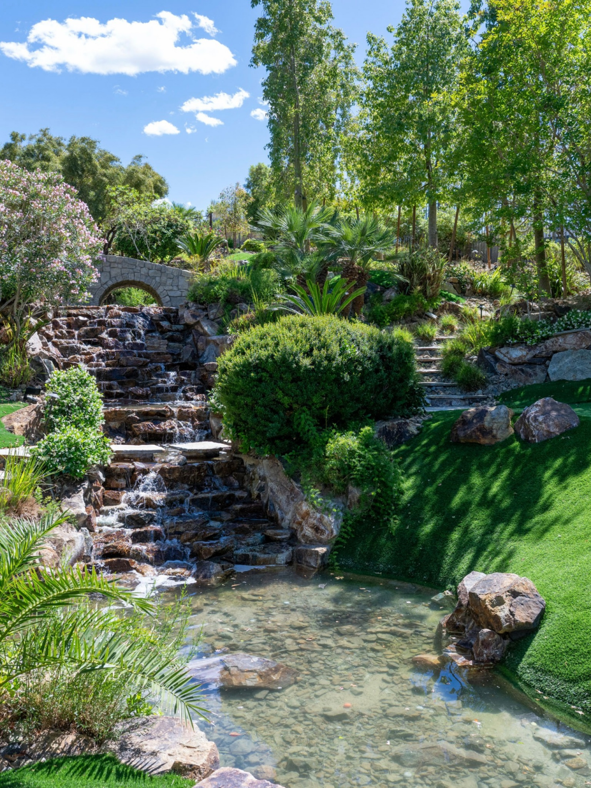 Cascading waterfalls leading to a small stream.