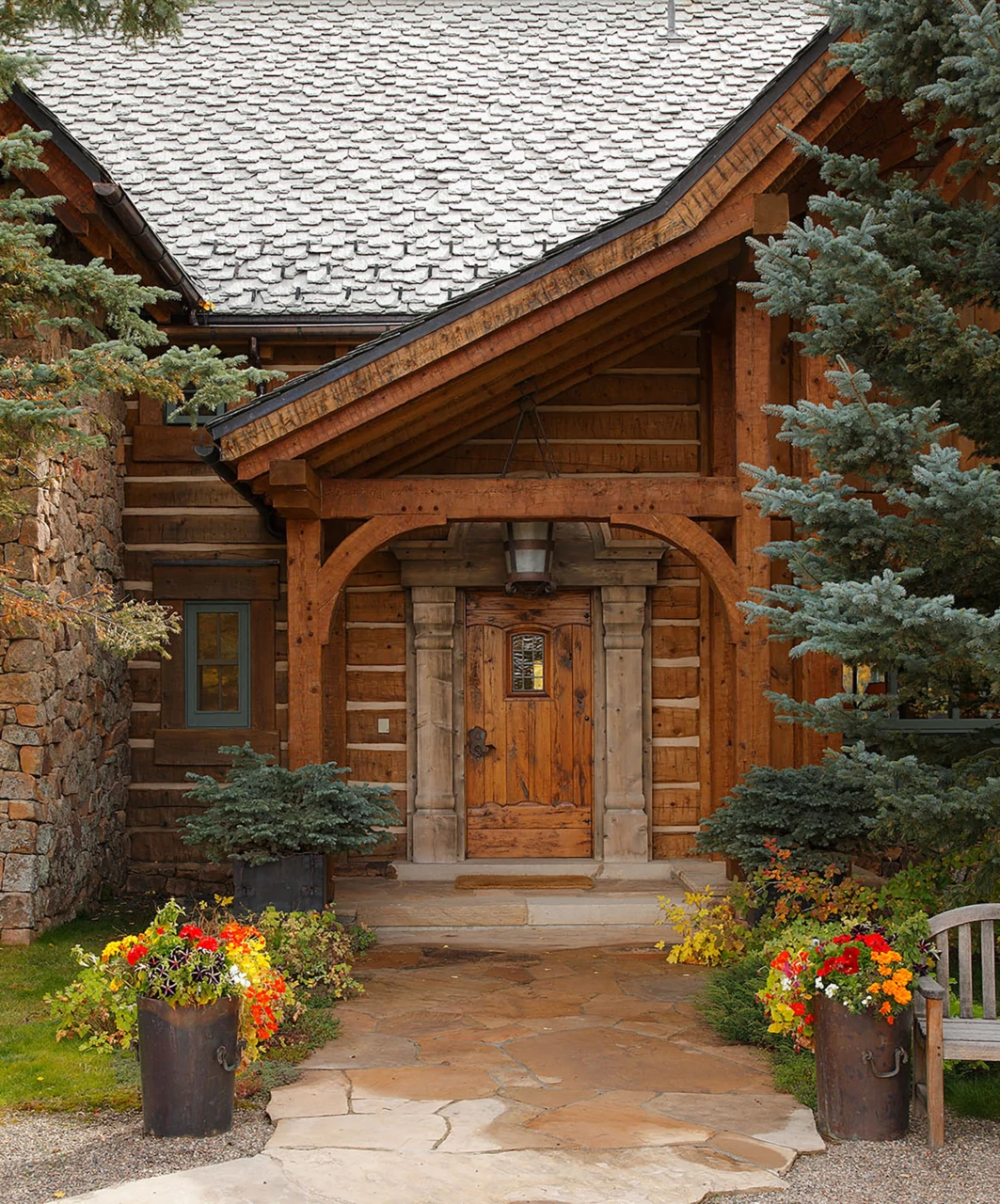 Unique wood design at the front entrance on the home.
