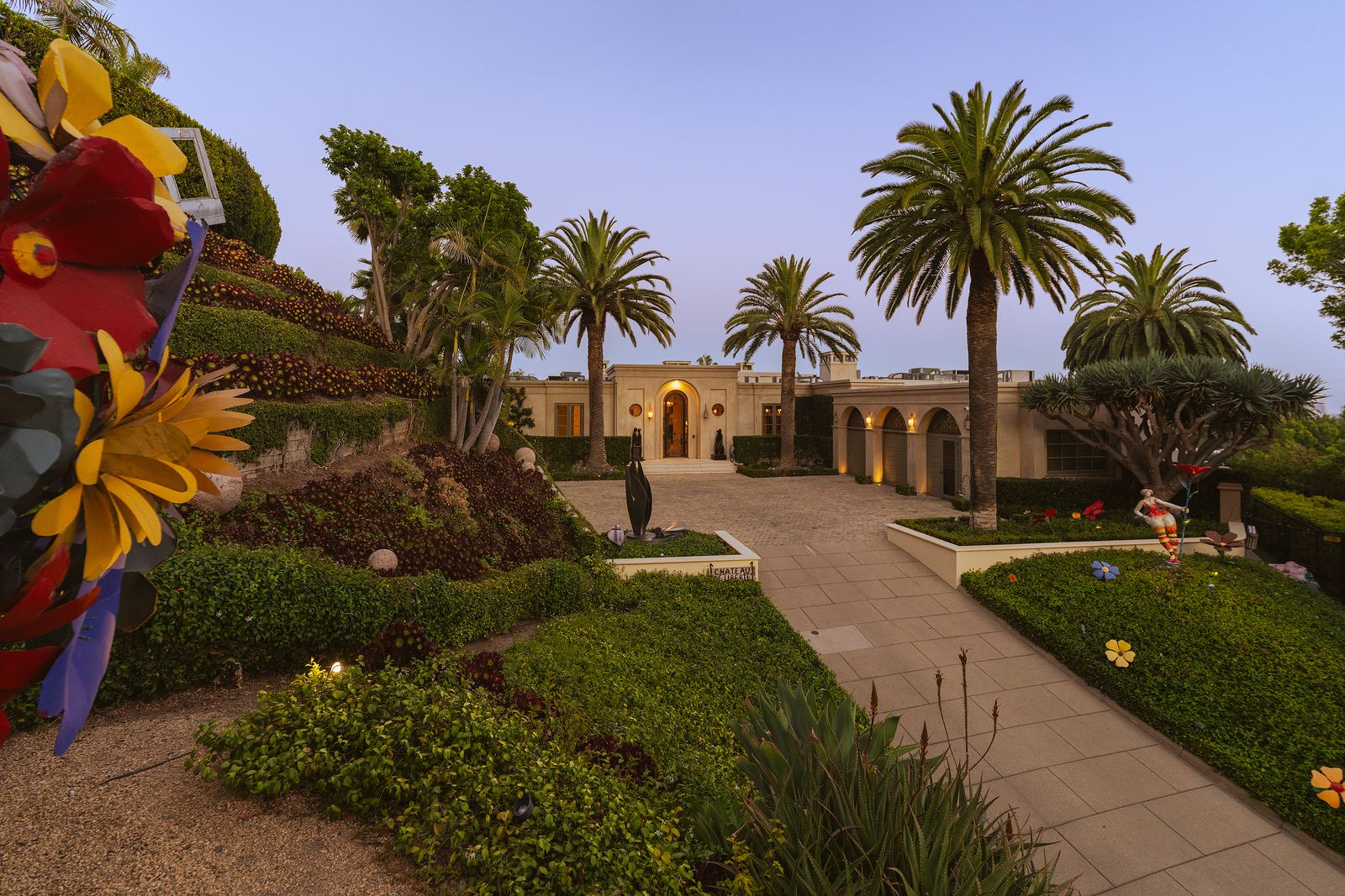 Front view of Glorya Kaufman's Beverly Hills home.