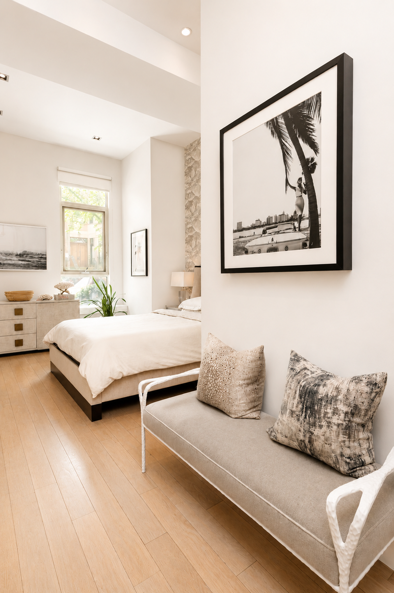 Soft neutral tones, custom wall coverings, and carefully selected furnishings fill the bedroom with a small sitting area positioned just outside the sleeping space.