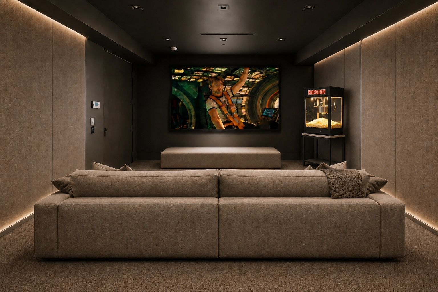 A dedicated theater continues the moody aesthetic with upholstered walls, recessed lighting, and oversized sofas arranged to face a large projection screen. 
