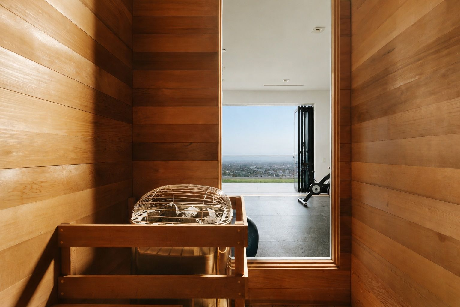 The wellness amenities include a cedar-lined sauna that opens directly into the home's fitness room. 