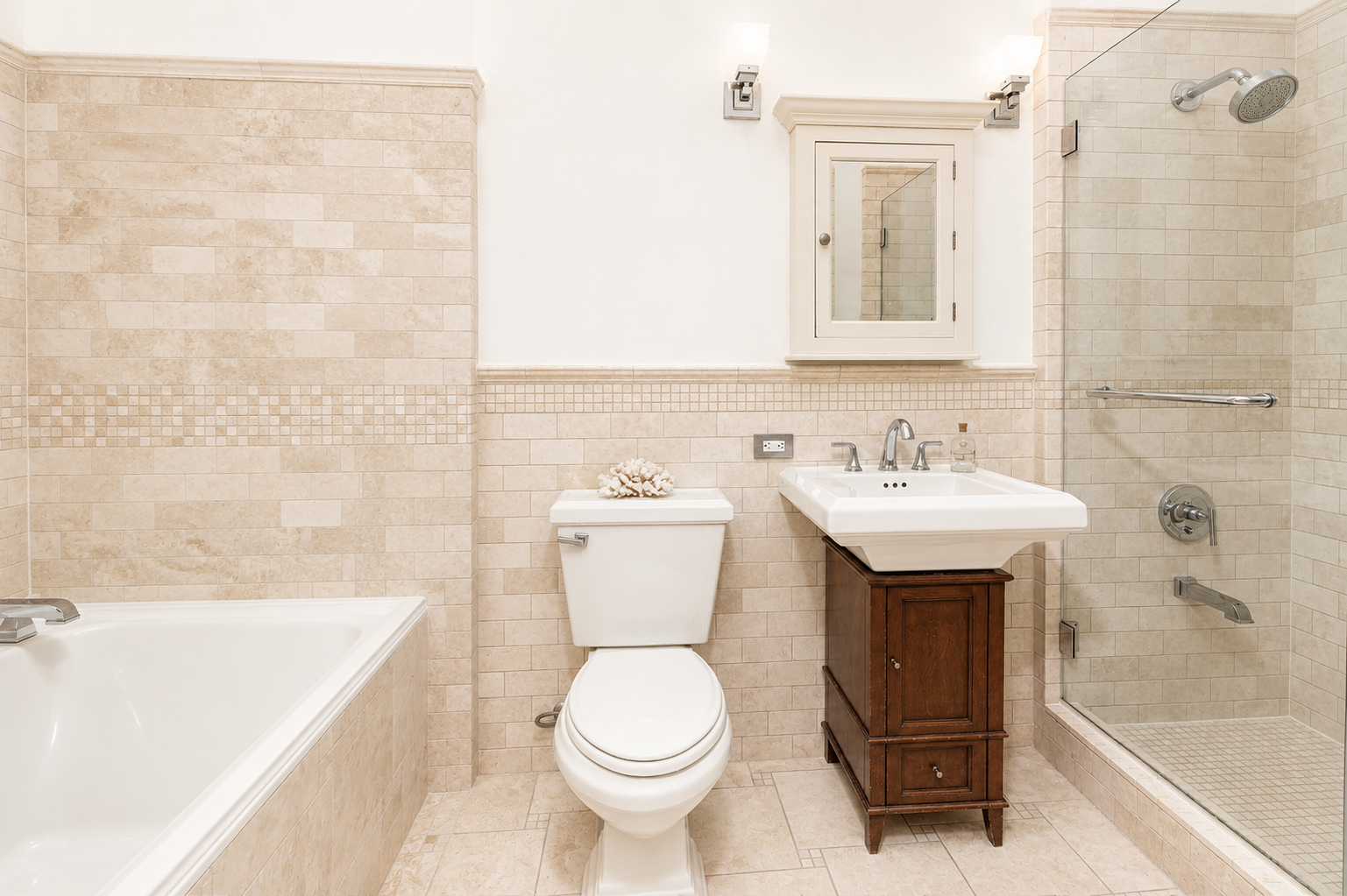 The connected bathroom is finished in light stone tile and features a separate soaking tub and a glass-enclosed shower. 