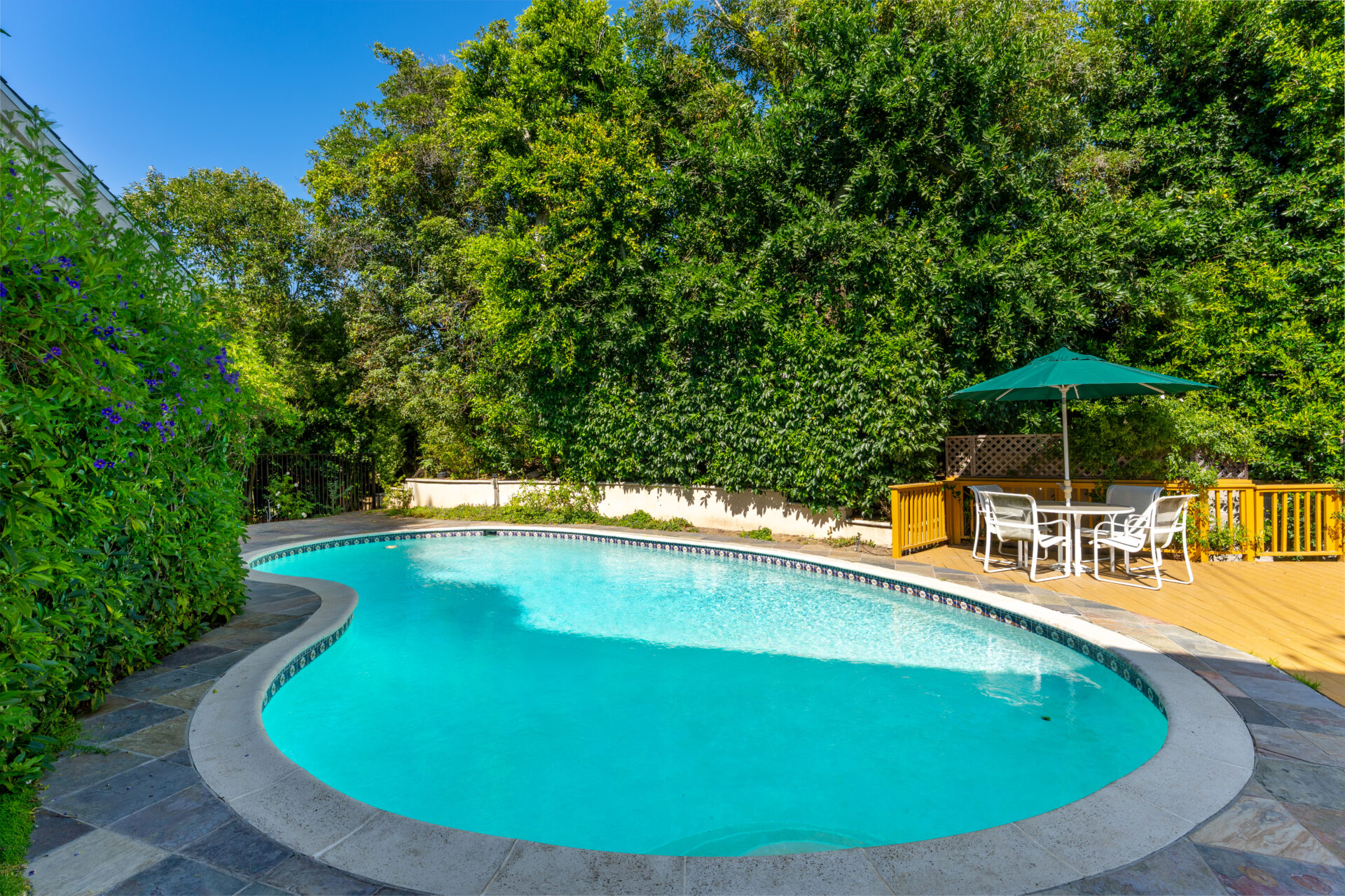 A freeform swimming pool tucked into one corner of the yard, surrounded by hedges and towering trees that provide privacy.