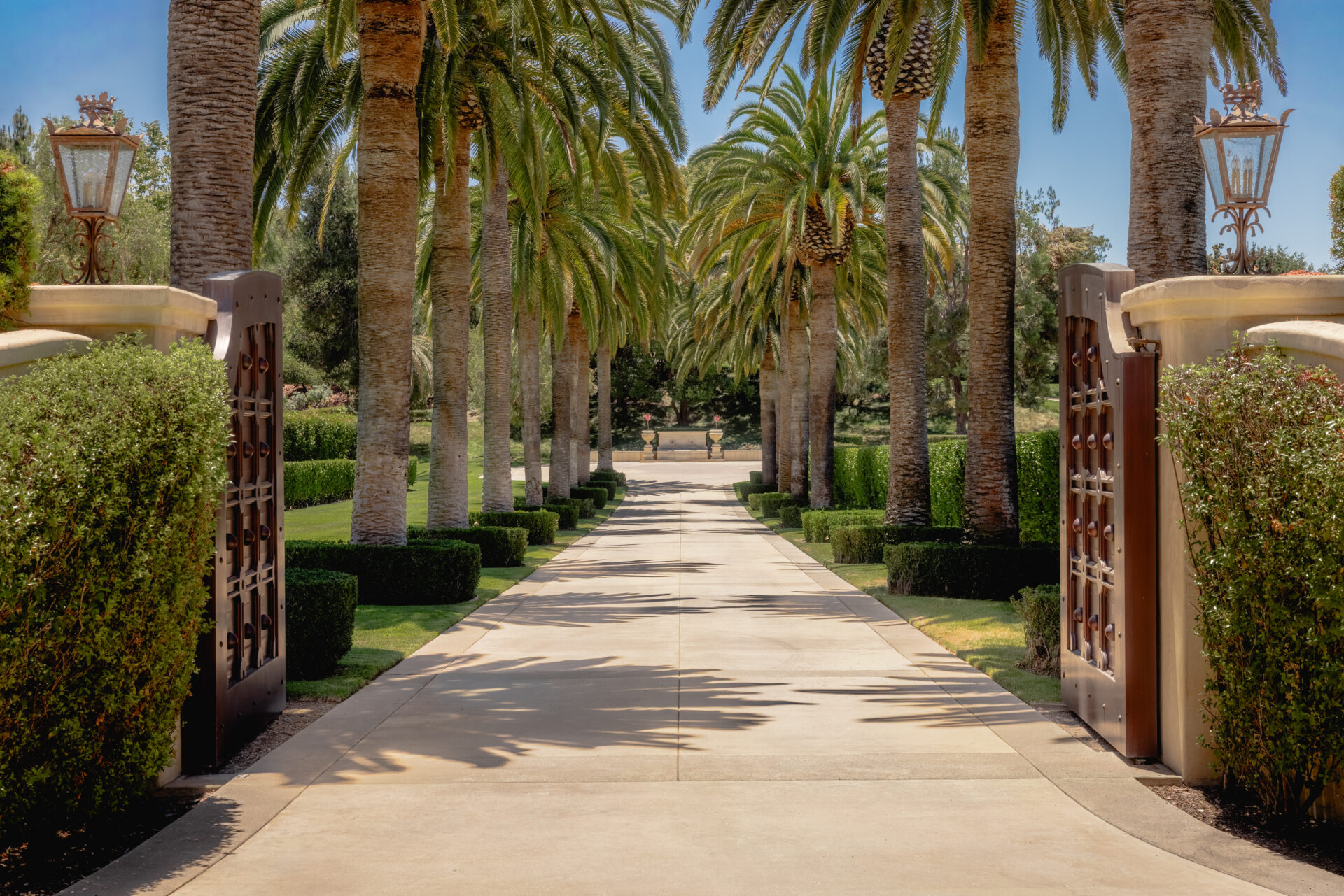 Past the oversized dark wood gates, towering palm trees rise above the entry, lining the long driveway that leads to a large motorcourt.